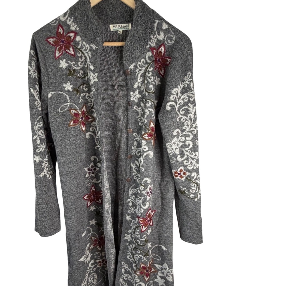 Wuaman Alpaca Pima Cotton Floral Embroidered Long Cardigan Sweater Grey XL